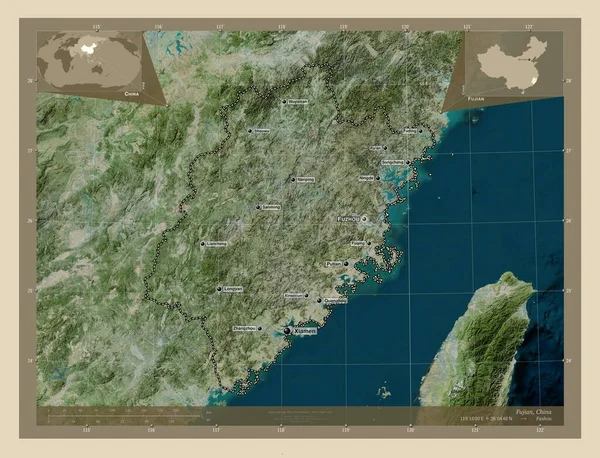 中国の福建省 高解像度衛星地図 地域の主要都市の位置と名前 コーナー補助位置図 — ストック写真
