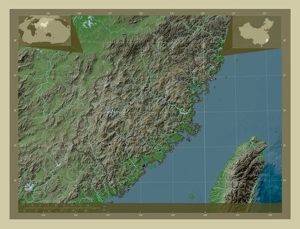 Фуцзянь Провинция Китай Карта Высоты Окрашенная Вики Стиле Озерами Реками — стоковое фото