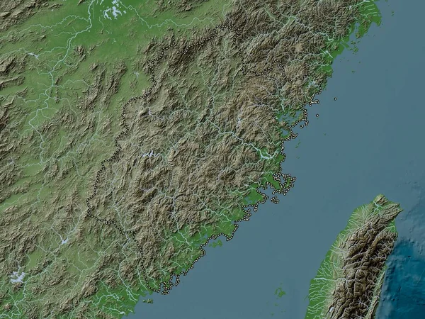 Fujian Provinsen Kina Höjd Karta Färgad Wiki Stil Med Sjöar — Stockfoto