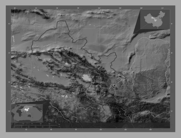 Ганьсу Провинция Китая Карта Рельефа Билевела Озерами Реками Вспомогательные Карты — стоковое фото
