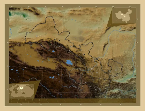 Ганьсу Провинция Китая Цветная Карта Высоты Озерами Реками Места Расположения — стоковое фото
