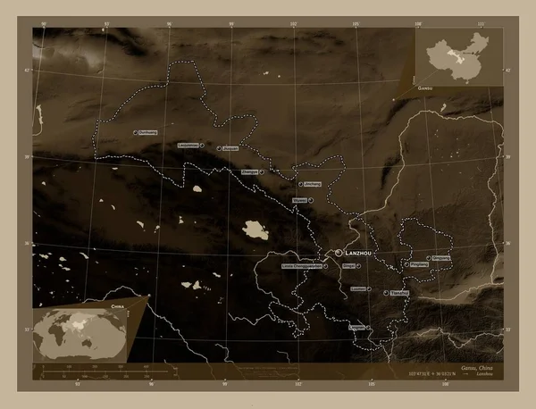Gansu Província China Mapa Elevação Colorido Tons Sépia Com Lagos — Fotografia de Stock