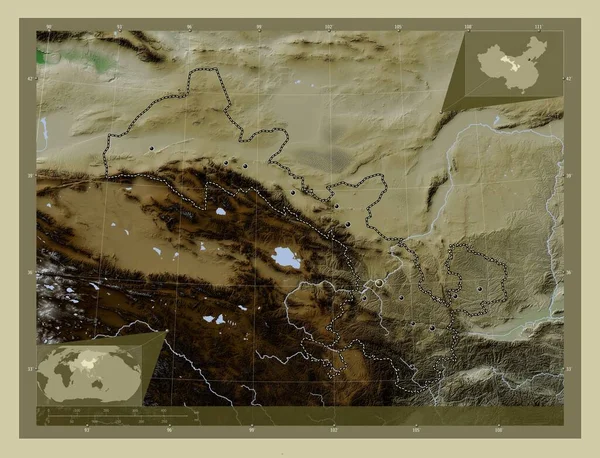 Gansu, province of China. Elevation map colored in wiki style with lakes and rivers. Locations of major cities of the region. Corner auxiliary location maps