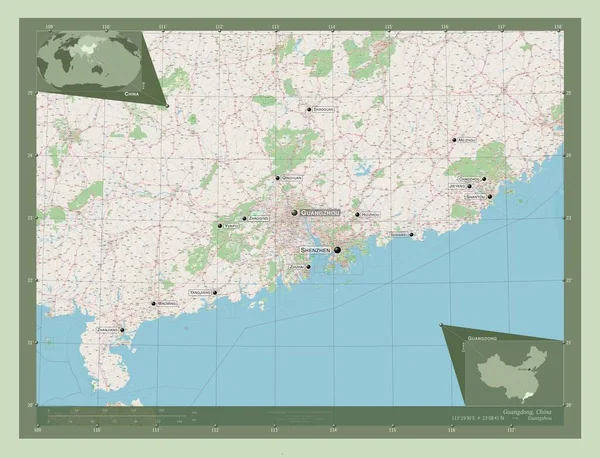 中国の広東省 ストリートマップを開く 地域の主要都市の位置と名前 コーナー補助位置図 — ストック写真