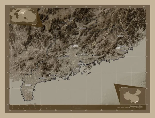 Guangdong Provincie Čína Zdvihová Mapa Zbarvená Sépiovými Tóny Jezery Řekami — Stock fotografie