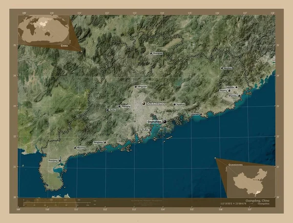 中国の広東省 低解像度衛星地図 地域の主要都市の位置と名前 コーナー補助位置図 — ストック写真