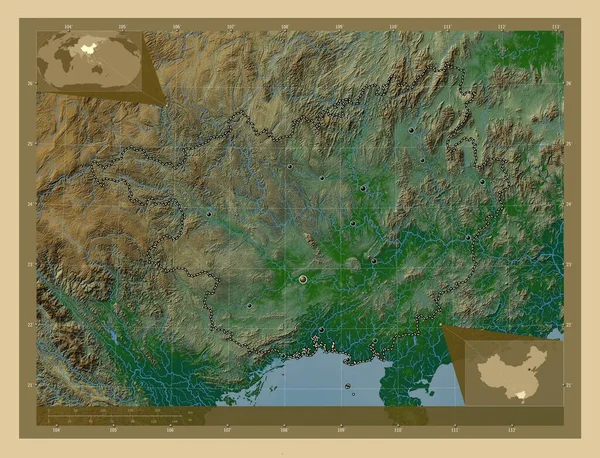 広西チワン族自治 中国の自治区 湖や川と色の標高マップ 地域の主要都市の場所 コーナー補助位置図 — ストック写真