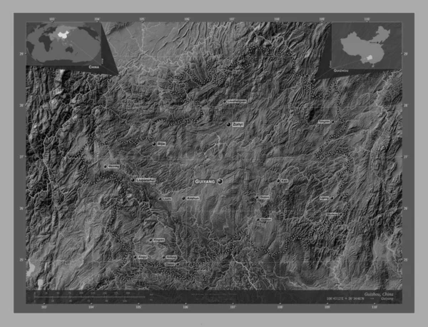 Guizhou Provincie China Hoogteplattegrond Met Meren Rivieren Locaties Namen Van — Stockfoto