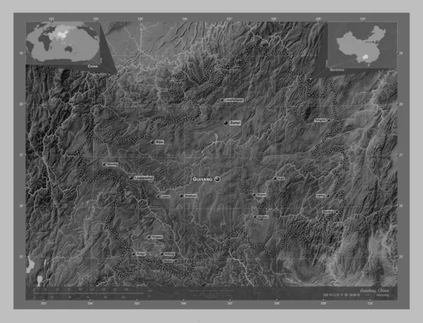 중국의 구이저우성입니다 호수와 회색의 지역의 도시들의 위치와 Corner Auxiliary Location — 스톡 사진