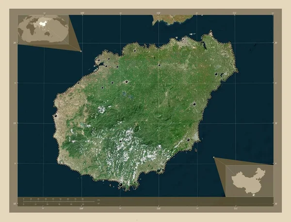 中国の省海南島 高解像度衛星地図 地域の主要都市の場所 コーナー補助位置図 — ストック写真