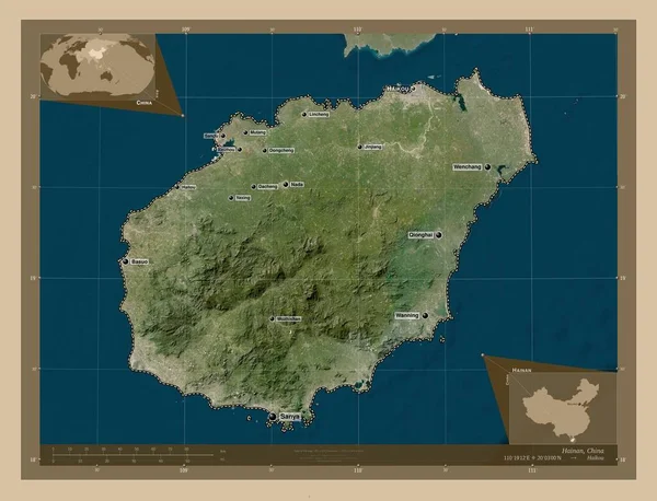 中国の省海南島 低解像度衛星地図 地域の主要都市の位置と名前 コーナー補助位置図 — ストック写真