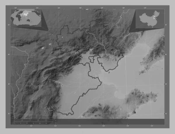 Hebei Província China Mapa Elevação Escala Cinza Com Lagos Rios — Fotografia de Stock