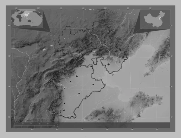 Хебей Провінція Китай Граймасштабна Мапа Висот Озерами Річками Розташування Великих — стокове фото