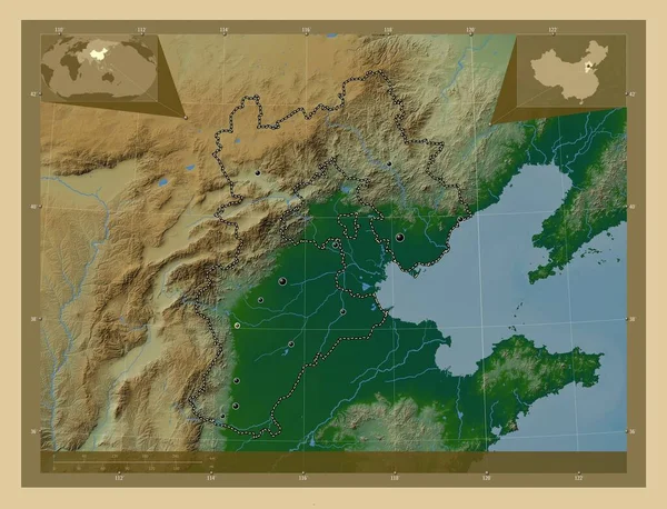 Hebei Prowincja Chin Kolorowa Mapa Wzniesień Jeziorami Rzekami Lokalizacje Dużych — Zdjęcie stockowe