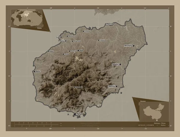 Хайнань Провинция Китая Карта Высоты Окрашенная Сепиевые Тона Озерами Реками — стоковое фото
