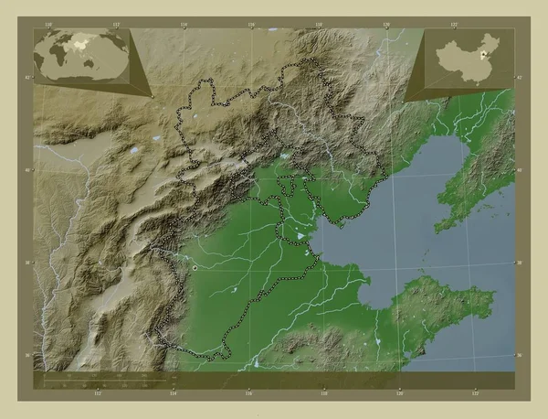 中国河北省 用Wiki风格绘制的带有湖泊和河流的高程地图 角辅助位置图 — 图库照片