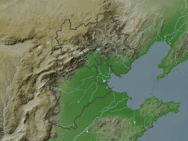 Hebei Çin Vilayeti Yükseklik Haritası Göller Nehirlerle Wiki Stilinde Renklendirilmiştir — Stok fotoğraf