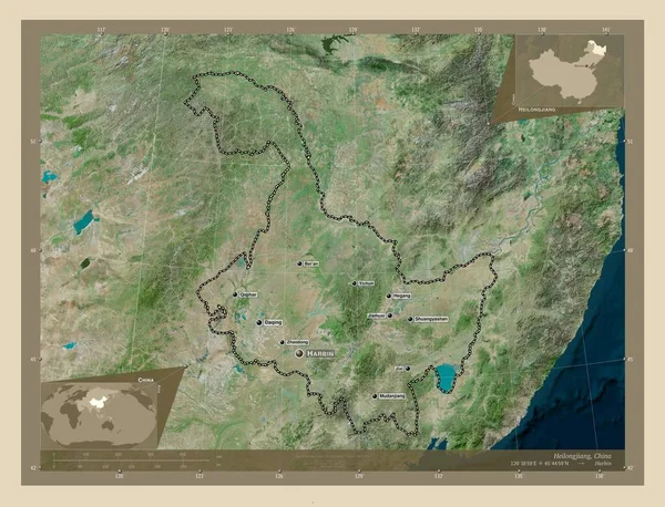 Heilongjiang Provincie China Satellietkaart Met Hoge Resolutie Locaties Namen Van — Stockfoto