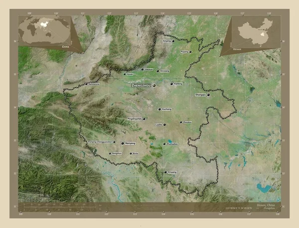 Henan Prowincja Chin Mapa Satelity Wysokiej Rozdzielczości Lokalizacje Nazwy Głównych — Zdjęcie stockowe