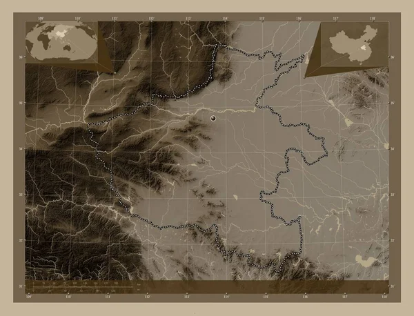 Хэнань Провинция Китай Карта Высоты Окрашенная Сепиевые Тона Озерами Реками — стоковое фото