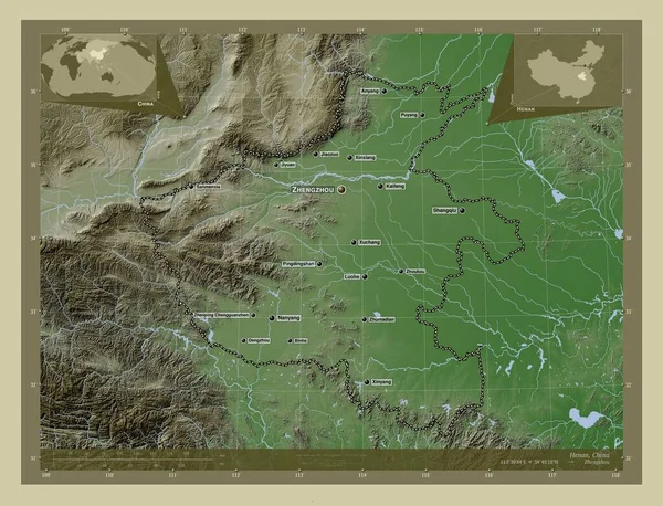 Хэнань Провинция Китай Карта Высоты Окрашенная Вики Стиле Озерами Реками — стоковое фото