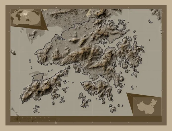 Hong Kong Región Autónoma China Mapa Elevación Coloreado Tonos Sepia — Foto de Stock