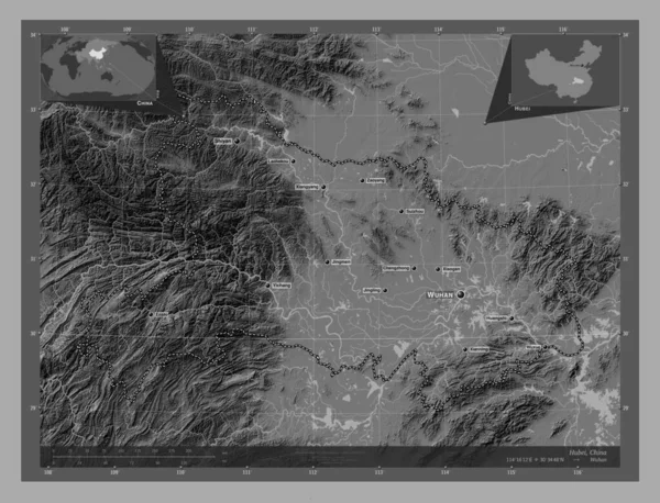Hubei Provincie Čína Mapa Nadmořské Výšky Jezery Řekami Umístění Názvy — Stock fotografie