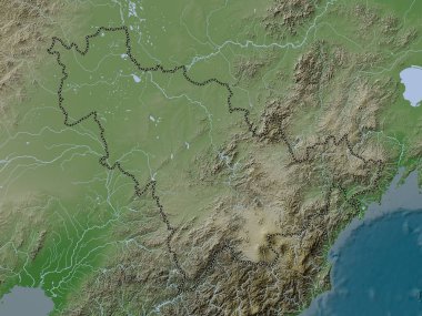 Jilin, Çin vilayeti. Yükseklik haritası göller ve nehirlerle wiki stilinde renklendirilmiştir