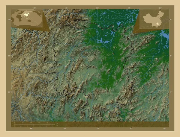 Хунан Провінція Китай Кольорові Карти Висот Озерами Річками Кутові Допоміжні — стокове фото