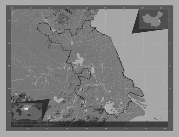 Цзянсу Провінція Китай Білевелівська Карта Висот Озерами Річками Кутові Допоміжні — стокове фото