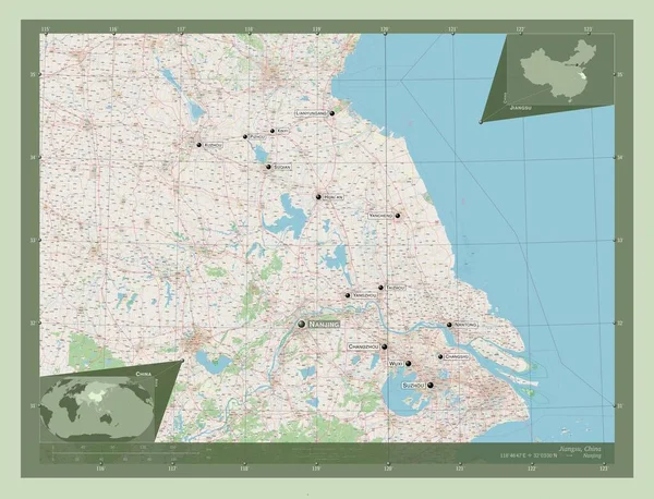 中国の江蘇省 ストリートマップを開く 地域の主要都市の位置と名前 コーナー補助位置図 — ストック写真