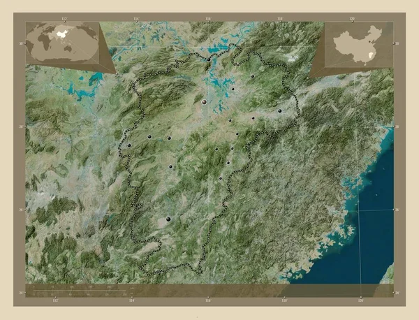 江西省 中国の州 高解像度衛星地図 地域の主要都市の場所 コーナー補助位置図 — ストック写真