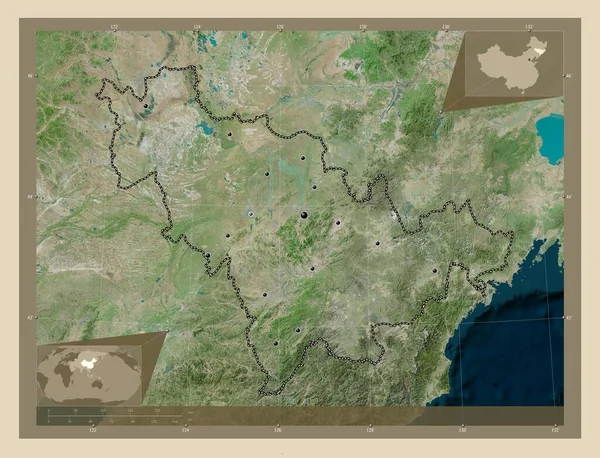 Jilin Prowincja Chin Mapa Satelity Wysokiej Rozdzielczości Lokalizacje Dużych Miast — Zdjęcie stockowe