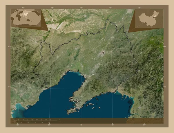 Liaoning Επαρχία Της Κίνας Δορυφορικός Χάρτης Χαμηλής Ανάλυσης Γωνιακοί Χάρτες — Φωτογραφία Αρχείου