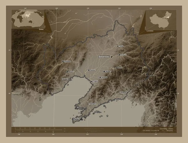 Liaoning Prowincja Chin Mapa Elewacji Kolorowe Sepia Dźwięki Jeziorami Rzekami — Zdjęcie stockowe