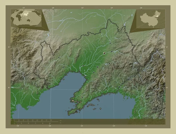 Ляонин Провинция Китая Карта Высоты Окрашенная Вики Стиле Озерами Реками — стоковое фото