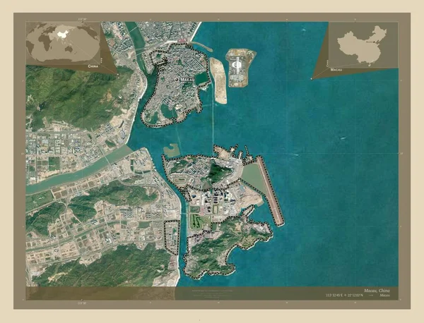 Makau Autonomiczny Region Chin Mapa Satelity Wysokiej Rozdzielczości Lokalizacje Nazwy — Zdjęcie stockowe