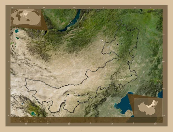 中国の自治区ネイ モンゴル 低解像度衛星地図 地域の主要都市の場所 コーナー補助位置図 — ストック写真
