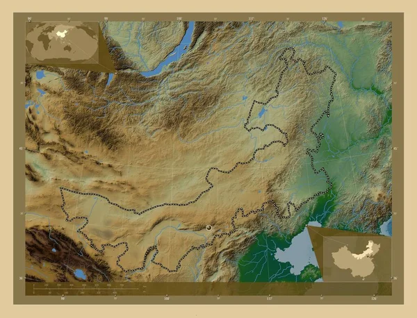 Nei Mongol Kína Autonóm Régiója Színes Domborzati Térkép Tavakkal Folyókkal — Stock Fotó