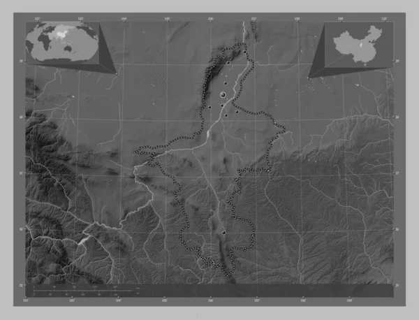 寧夏回族自治区 中国の自治区 湖や川とグレースケールの標高マップ 地域の主要都市の場所 コーナー補助位置図 — ストック写真