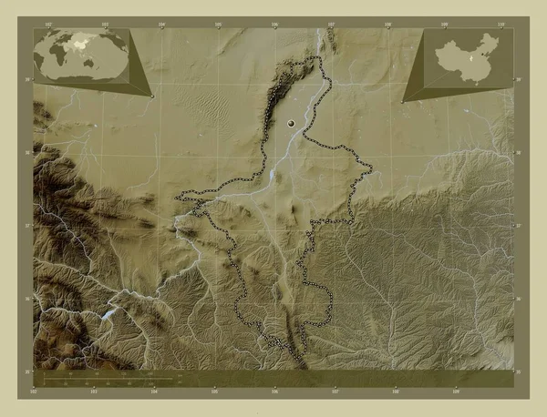 宁夏回族 中国的自治区 用Wiki风格绘制的带有湖泊和河流的高程地图 角辅助位置图 — 图库照片