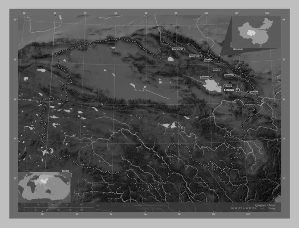 Цинхай Провинция Китай Карта Высот Оттенках Серого Озерами Реками Места — стоковое фото