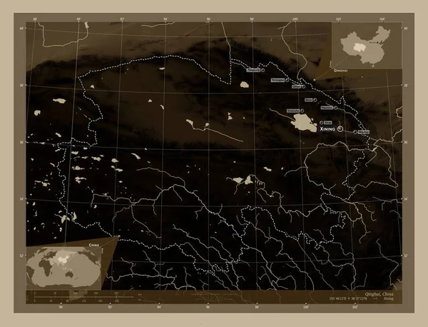 Qinghai, province of China. Elevation map colored in sepia tones with lakes and rivers. Locations and names of major cities of the region. Corner auxiliary location maps