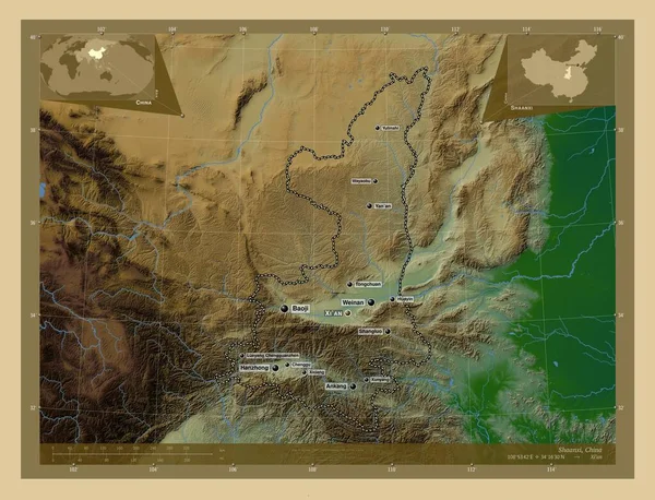 Shaanxi Province China Colored Elevation Map Lakes Rivers Locations Names — Stock Photo, Image