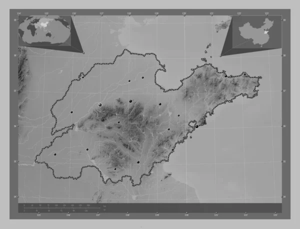 Shandong Province China Grayscale Elevation Map Lakes Rivers Locations Major — Stock Photo, Image