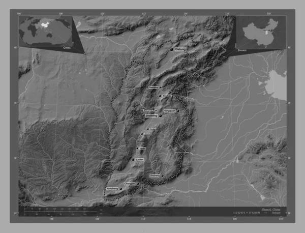 Shanxi Province China Bilevel Elevation Map Lakes Rivers Locations Names — Stock Photo, Image