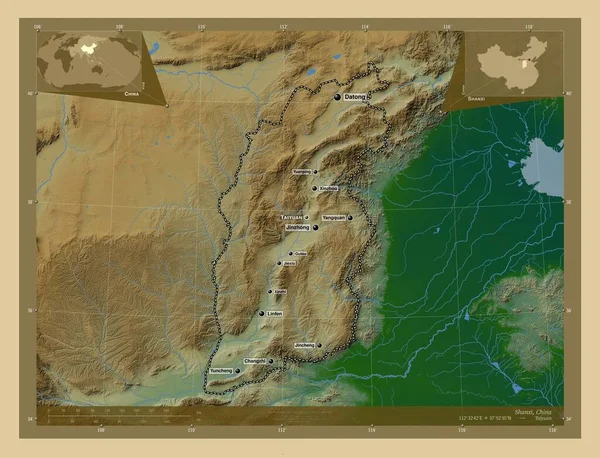 Шаньси Провинция Китая Цветная Карта Высоты Озерами Реками Места Названия — стоковое фото