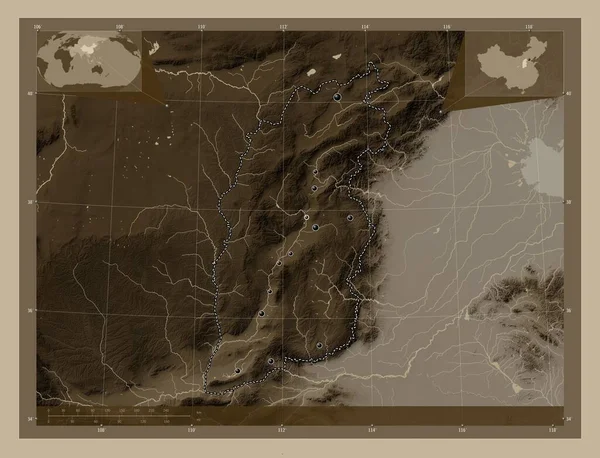 Shanxi Provincie China Hoogtekaart Gekleurd Sepia Tinten Met Meren Rivieren — Stockfoto