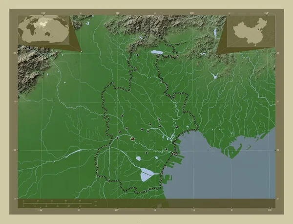 中国の自治体 湖や川とWikiスタイルで着色された標高マップ 地域の主要都市の場所 コーナー補助位置図 — ストック写真