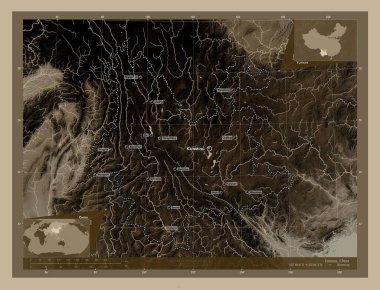 Yunnan, Çin vilayeti. Yükseklik haritası sepya tonlarında göller ve nehirlerle renklendirilmiş. Bölgenin büyük şehirlerinin yerleri ve isimleri. Köşedeki yedek konum haritaları